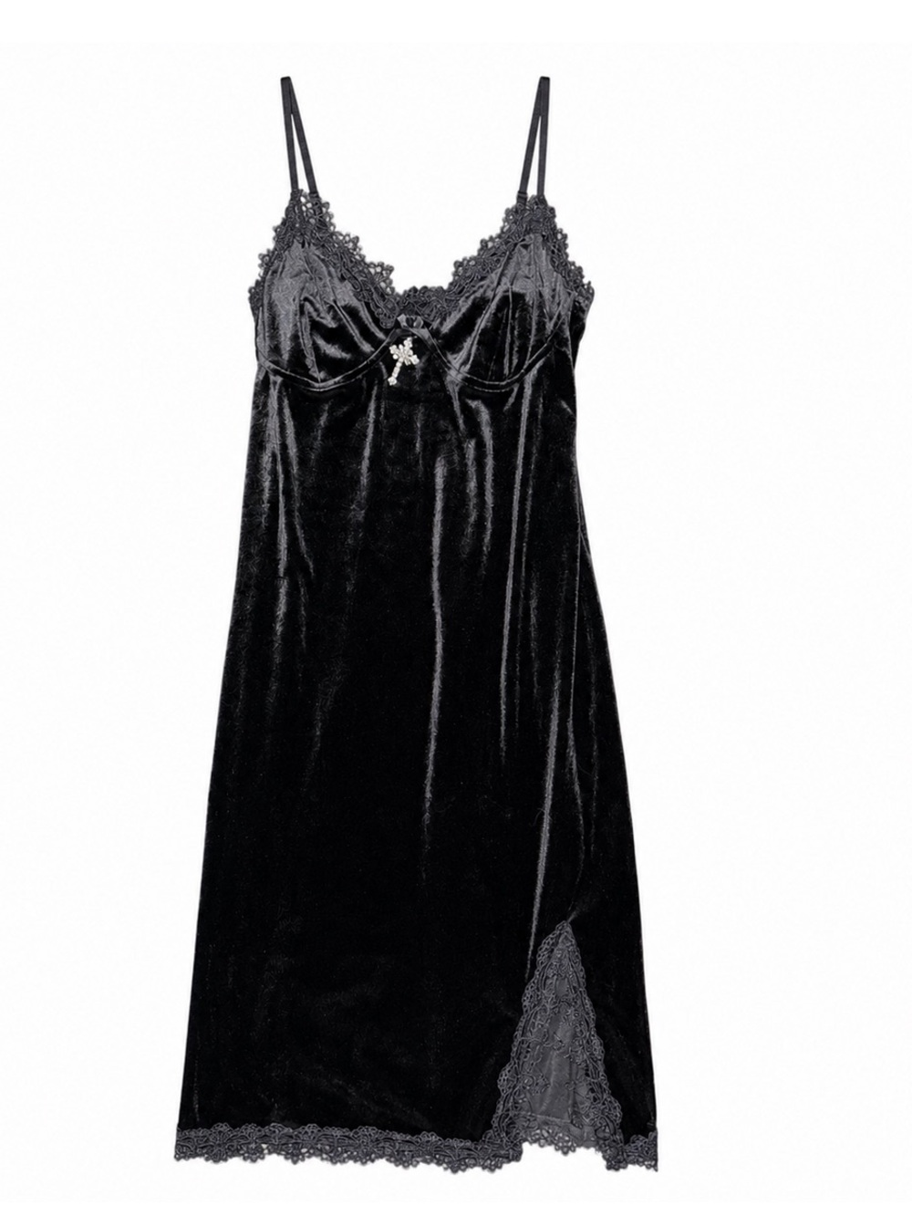 Black Velvet Lace Slip Dress Rhinestone Cross Gothic Y2K Style Fits Size S
